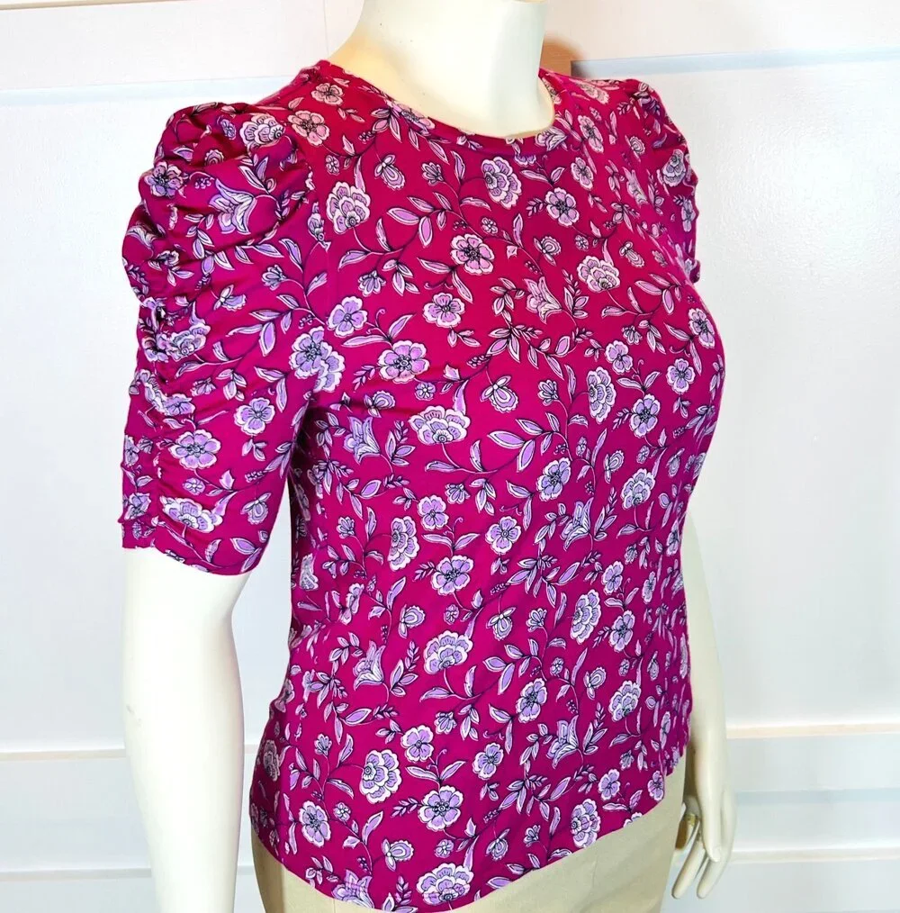 LOFT Blouse Womens M Purple Floral Chintz Short Puff Ruched Sleeves Round Neck
